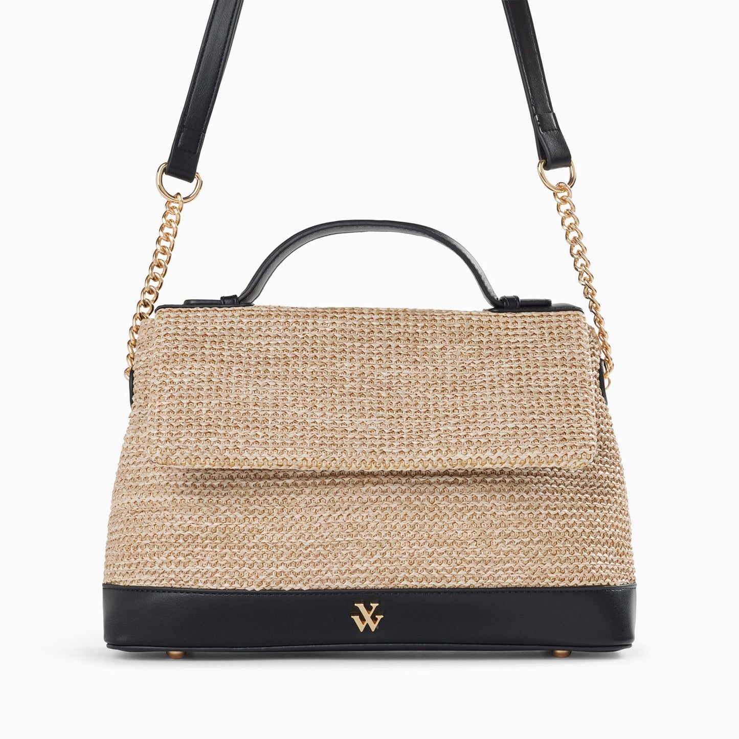 Sac cartable femme en raphia tressé beige avec anse noire et chaînes Vanessa Wu