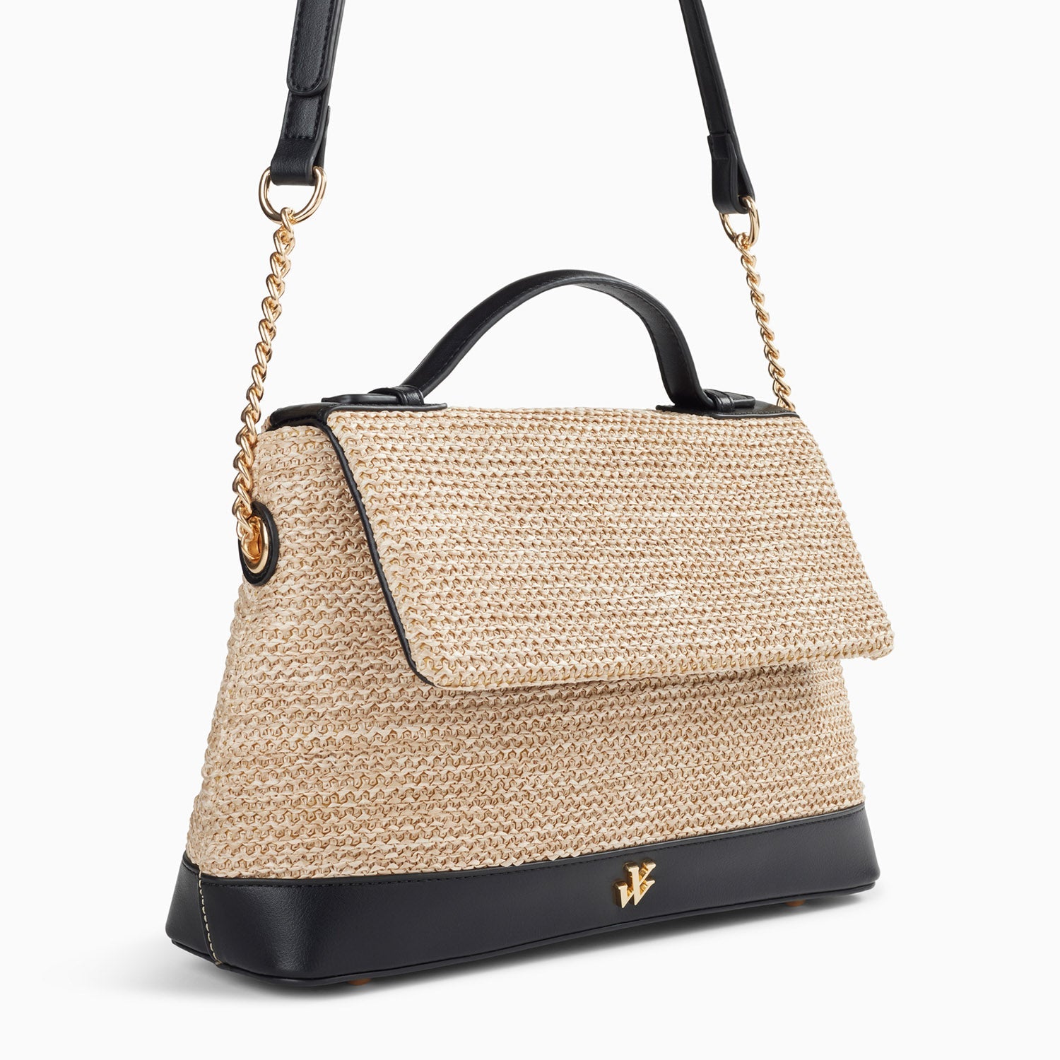 Sac cartable femme en raphia tressé beige avec anse noire et chaînes Vanessa Wu