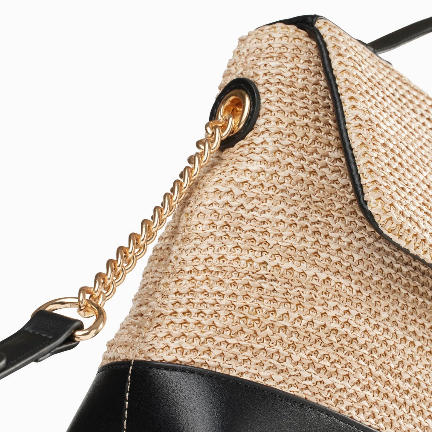 Sac cartable femme en raphia tressé beige avec anse noire et chaînes Vanessa Wu