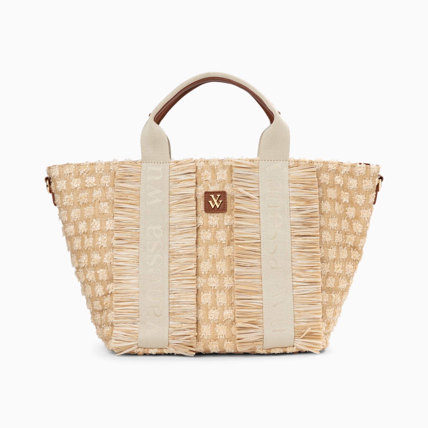 Sac cabas femme à motif damier avec anse beige et franges en raphia Vanessa Wu