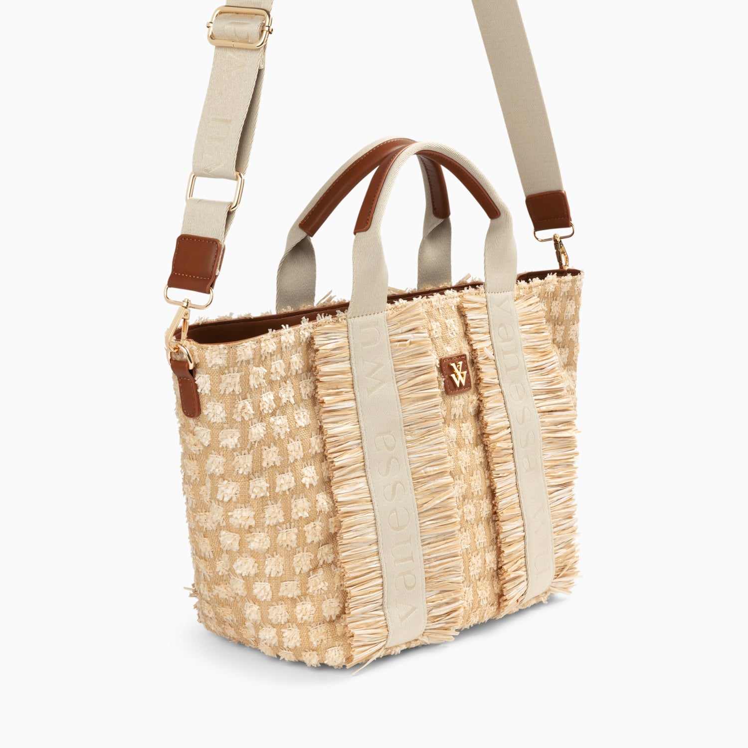 Sac cabas femme à motif damier avec anse beige et franges en raphia Vanessa Wu