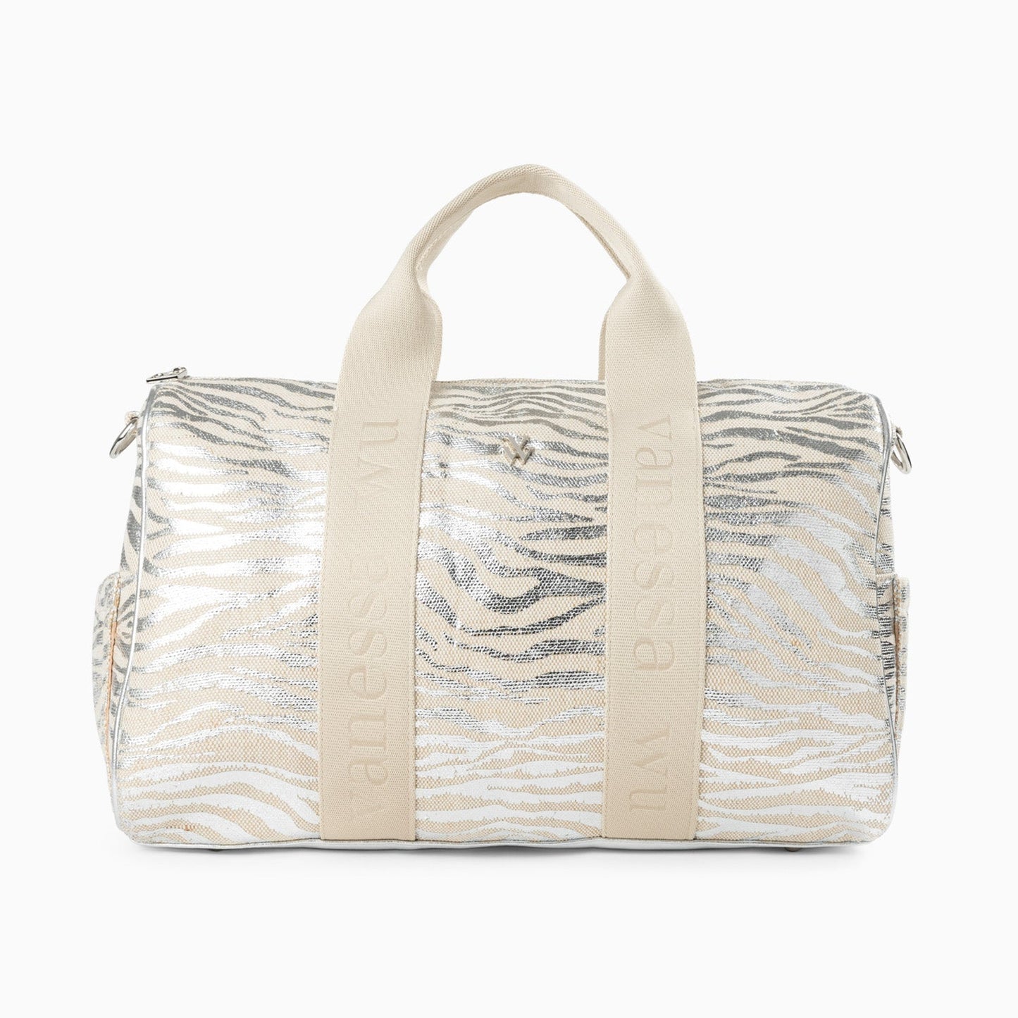 Sac de voyage Vanessa Wu femme en tissu imprimé zèbre argent avec anses beiges monogrammées