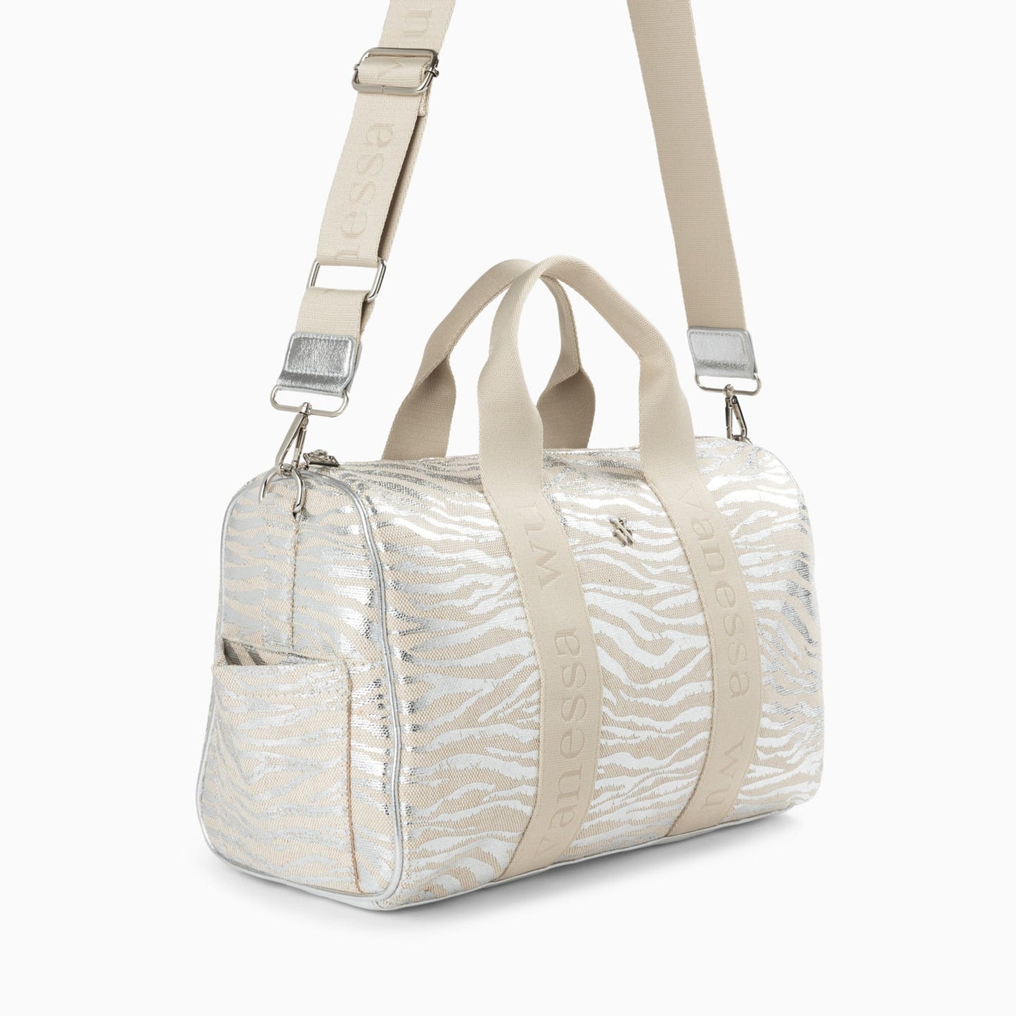 Sac de voyage Vanessa Wu femme en tissu imprimé zèbre argent avec anses beiges monogrammées