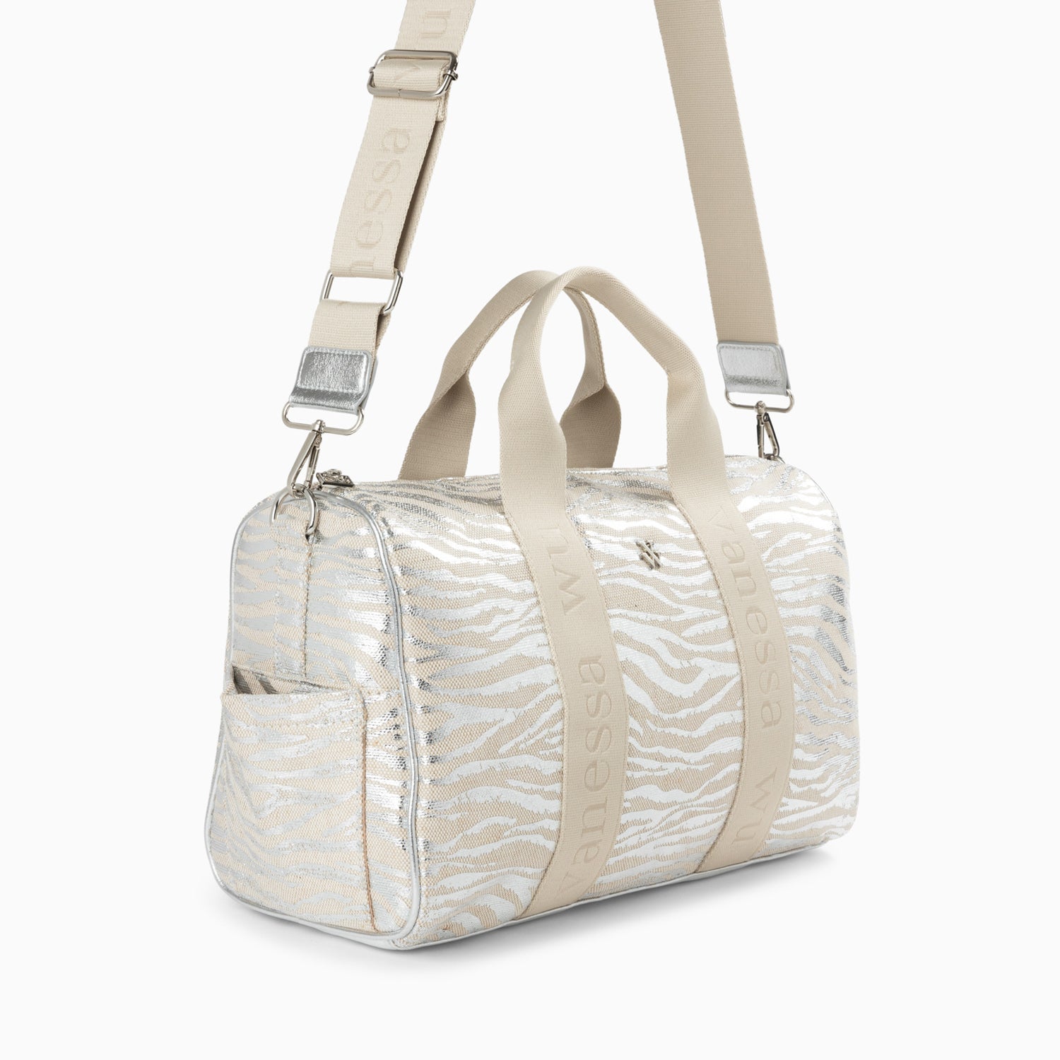 Sac de voyage Vanessa Wu femme en tissu imprimé zèbre argent avec anses beiges monogrammées