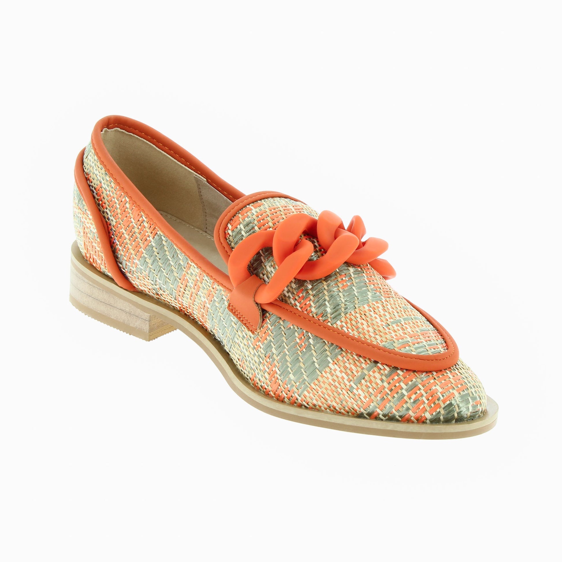 Mocassins à tissage irisé effet raphia quadrillé orange beige et kaki femme Vanessa Wu