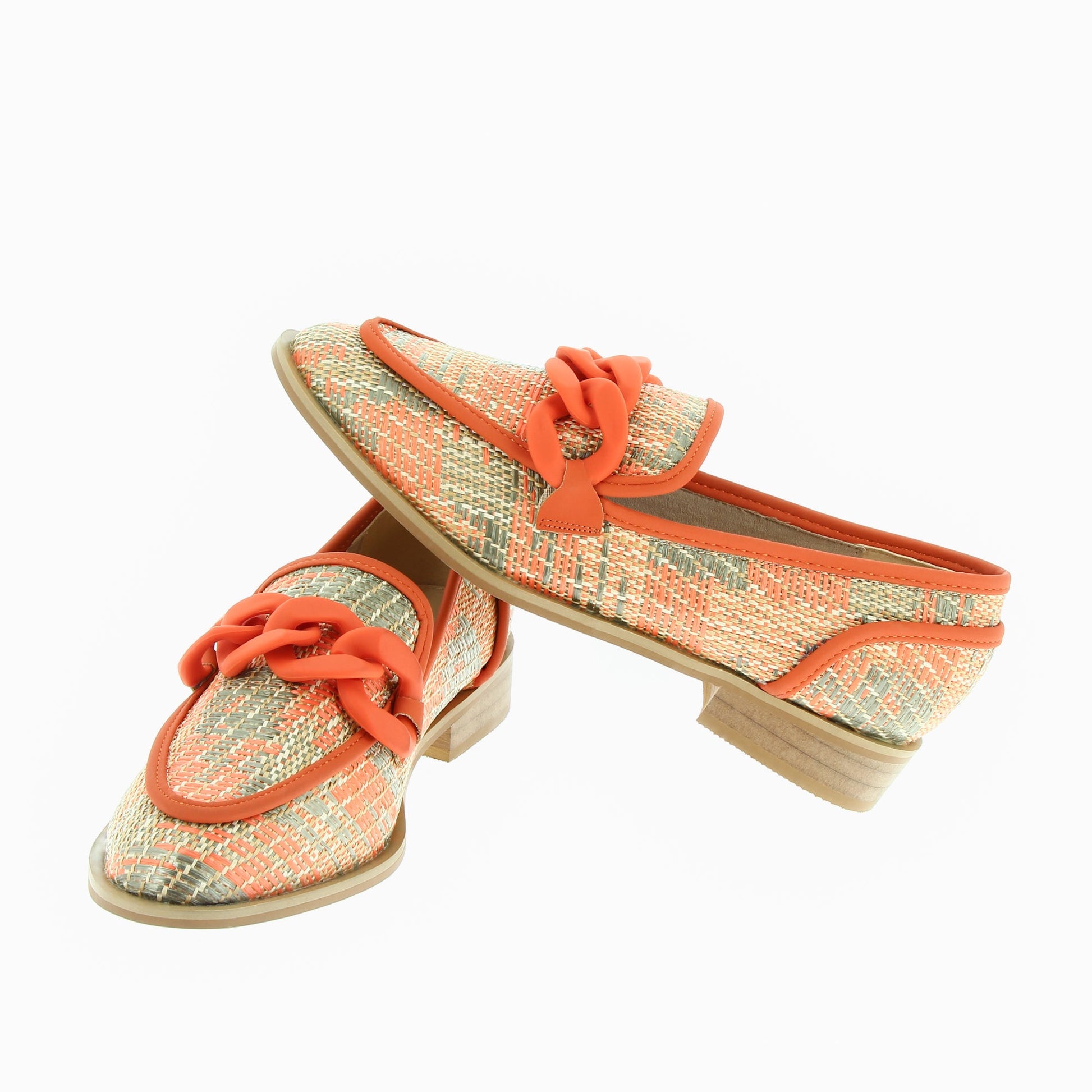 Mocassins à tissage irisé effet raphia quadrillé orange beige et kaki femme Vanessa Wu