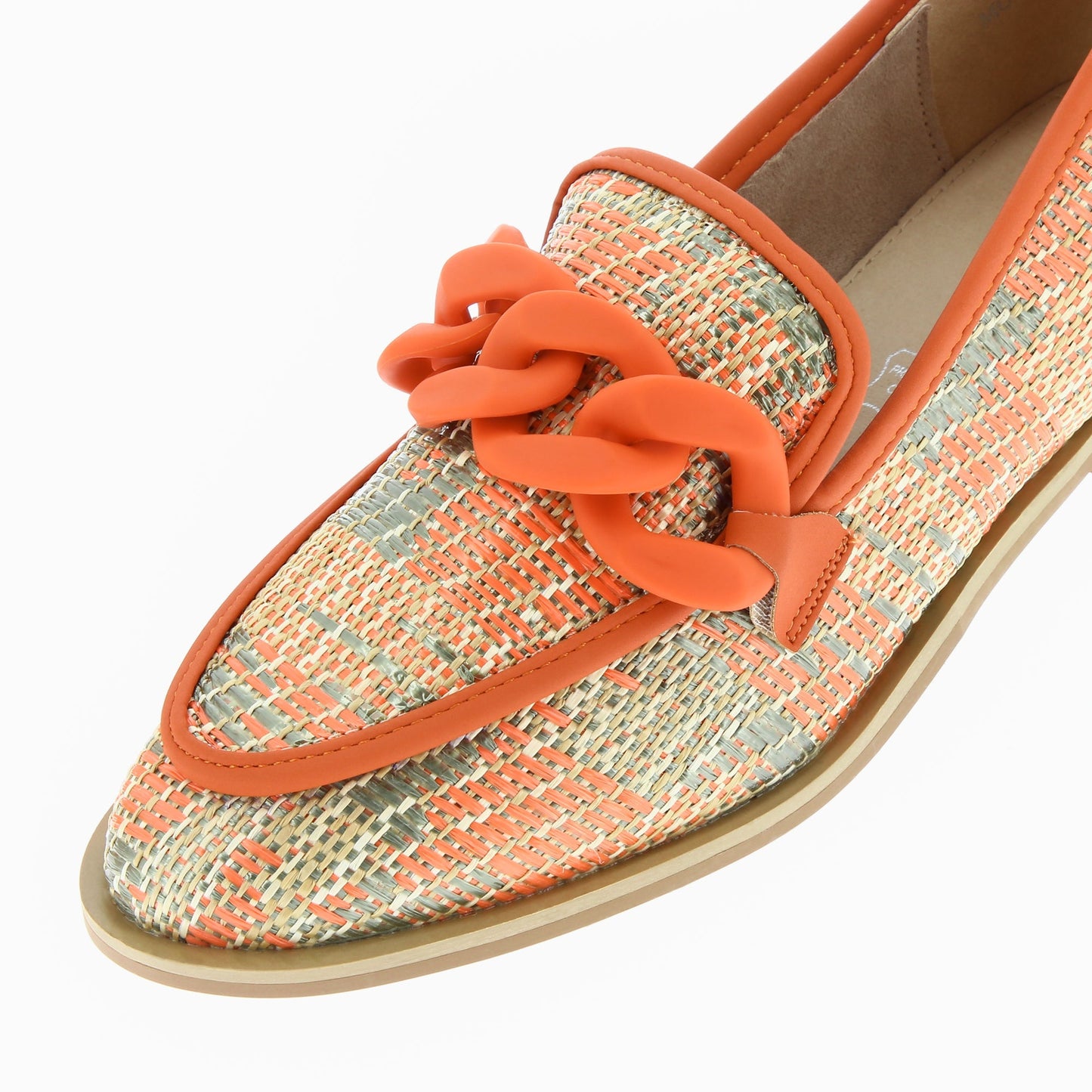 Mocassins à tissage irisé effet raphia quadrillé orange beige et kaki femme Vanessa Wu