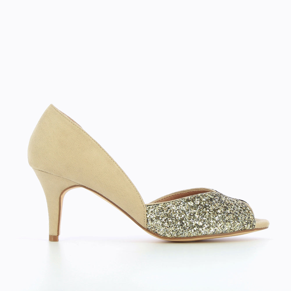 Escarpins femme à talon kitten heel Vanessa Wu en suédine beige et à paillettes