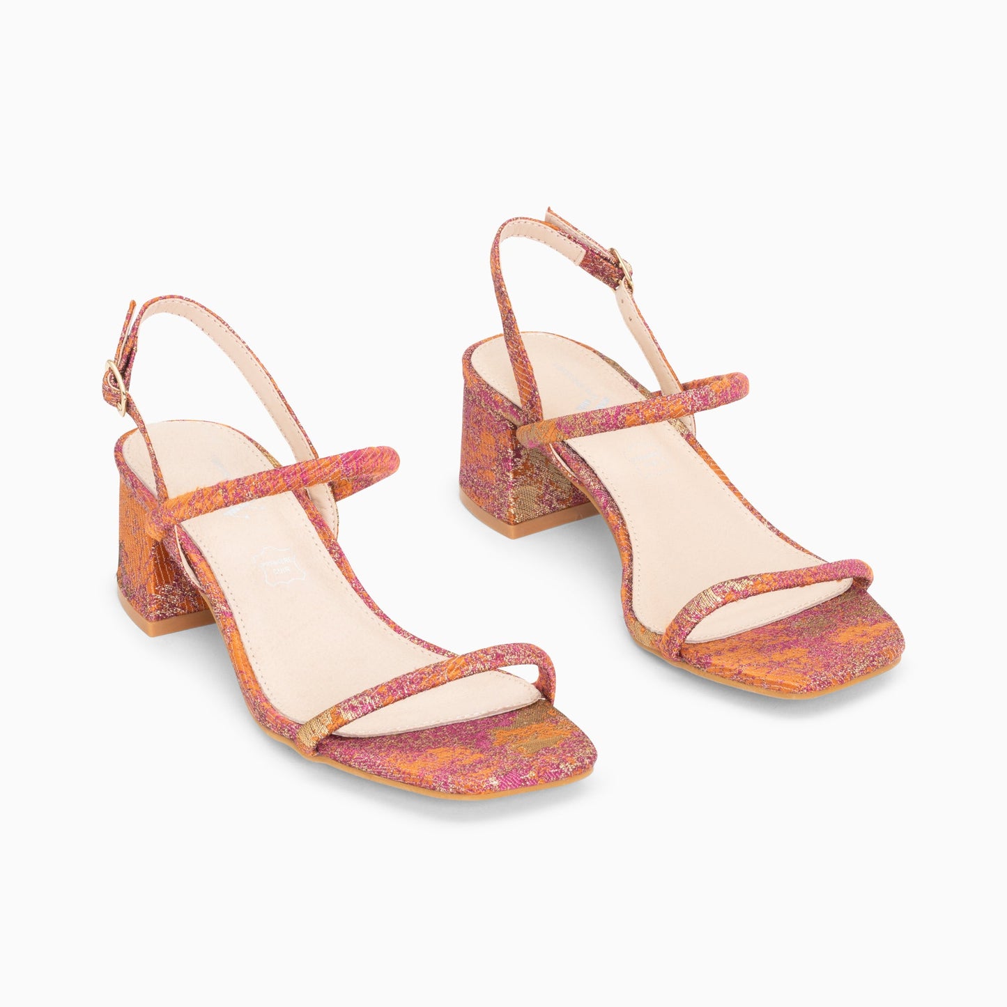 Sandales à talon femme orange et or minimalistes à fines brides