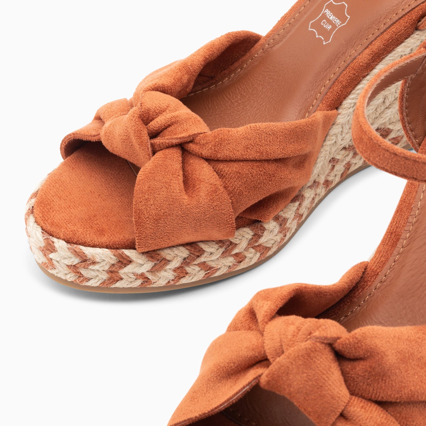 Sandales nouées peep-toe compensées brique femme