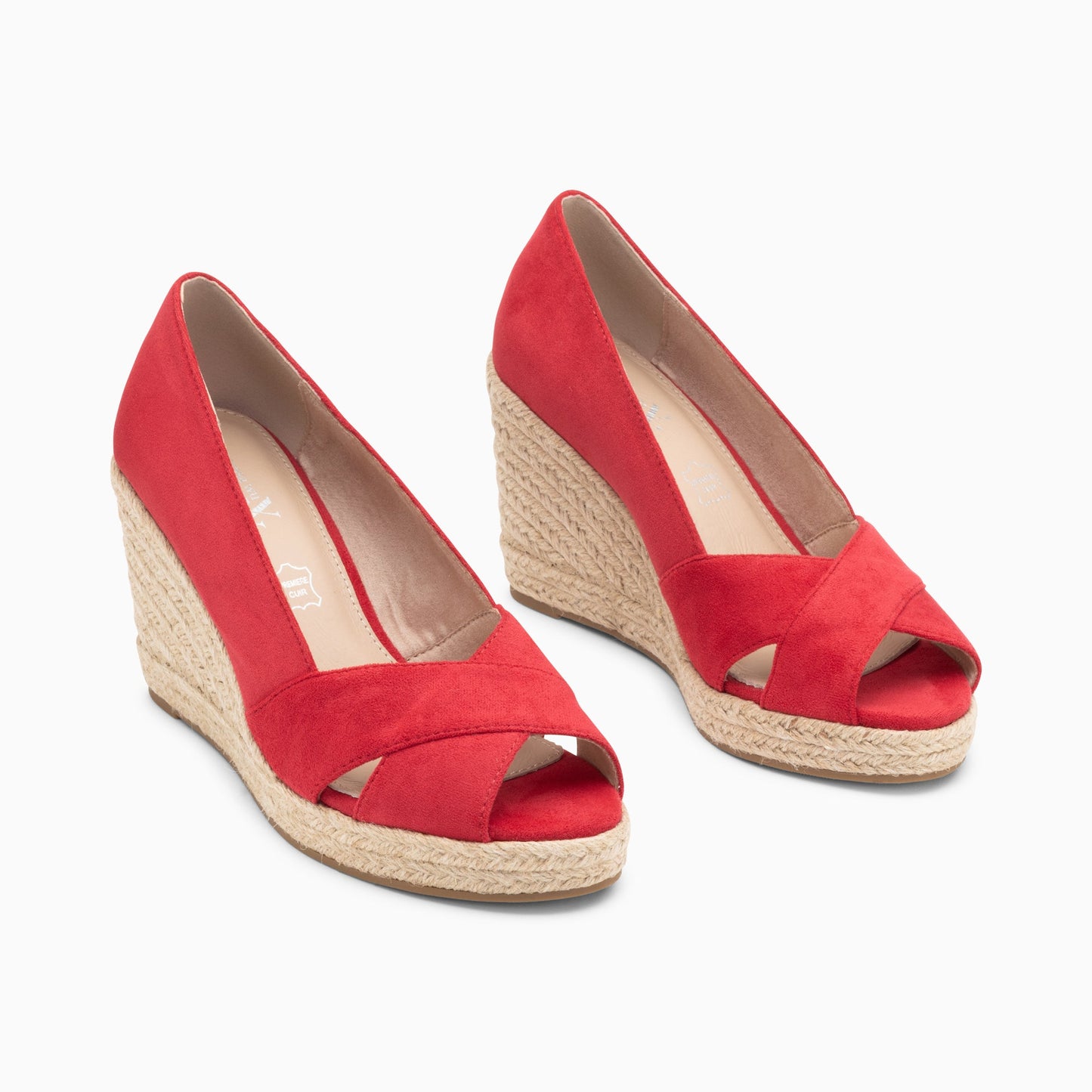 Sandales compensées en corde peep-toe femme framboise