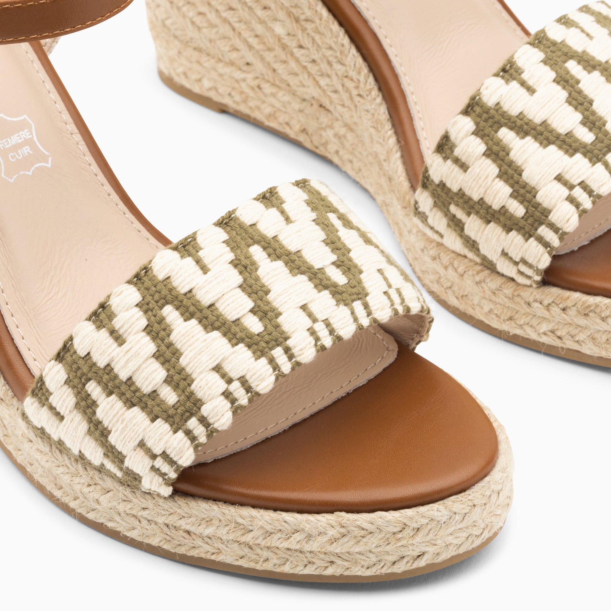 Sandales compensées femme en corde à boucle en tissu jacquard kaki