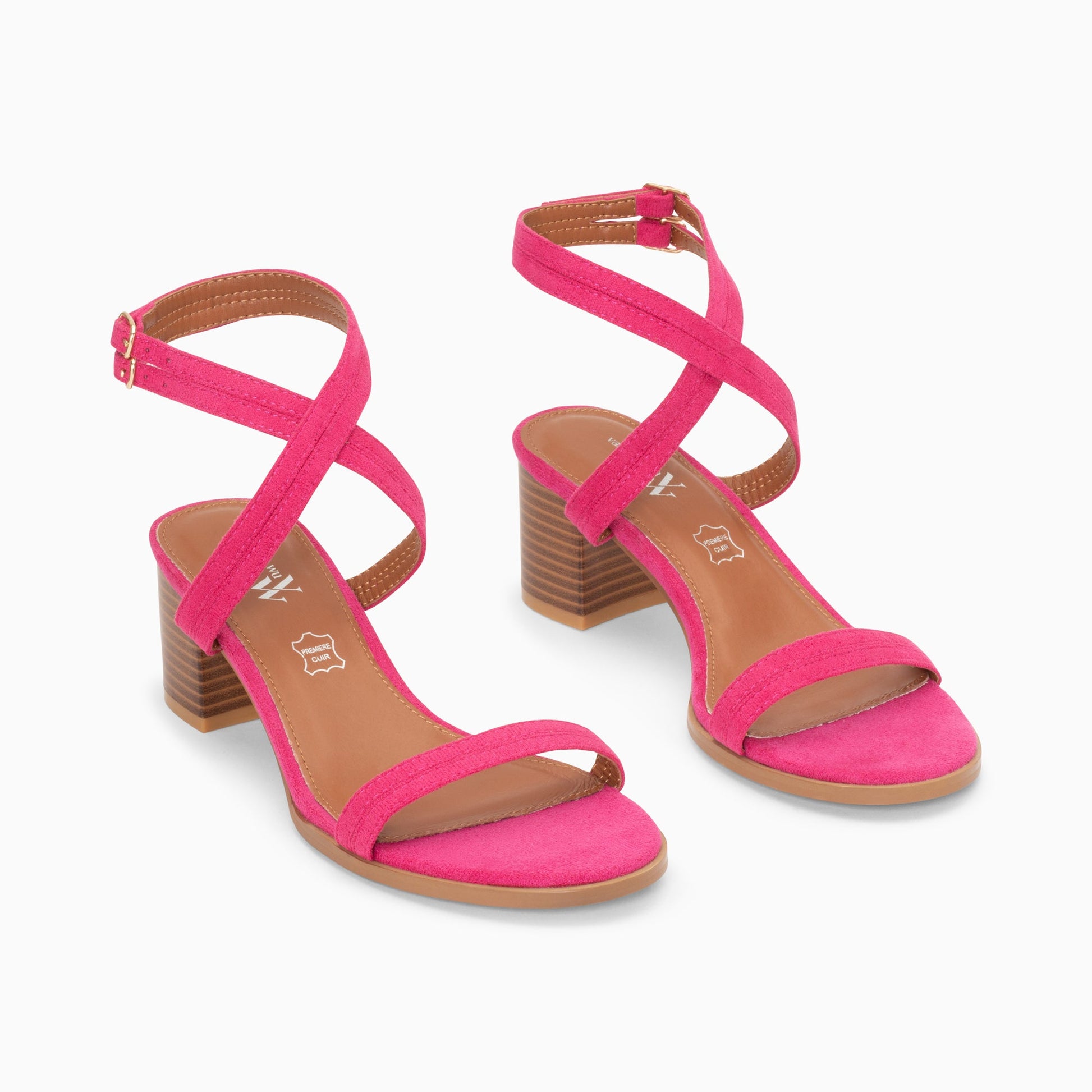 Sandales femme à talon haut bloc effet bois à doubles brides fuchsia