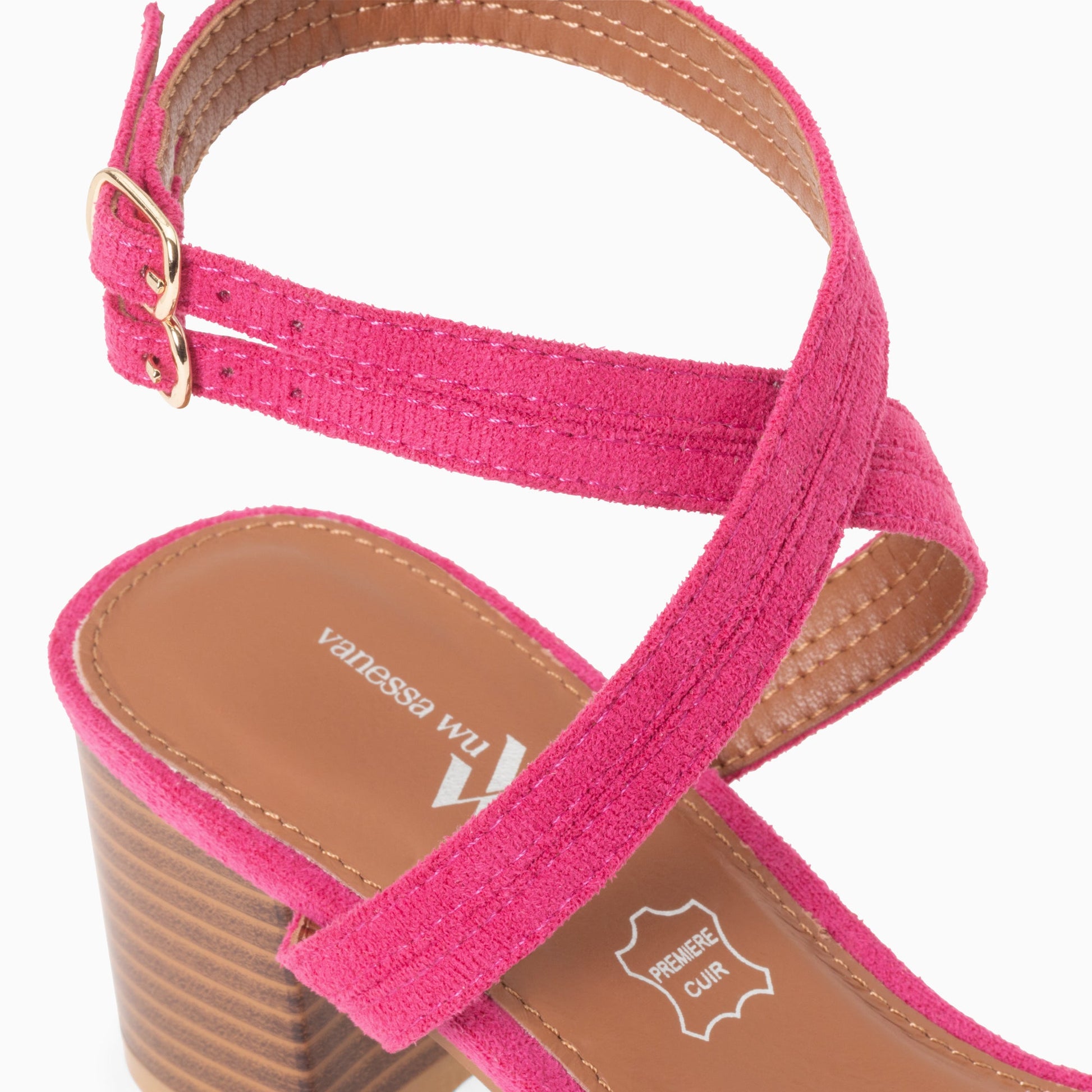 Sandales femme à talon haut bloc effet bois à doubles brides fuchsia