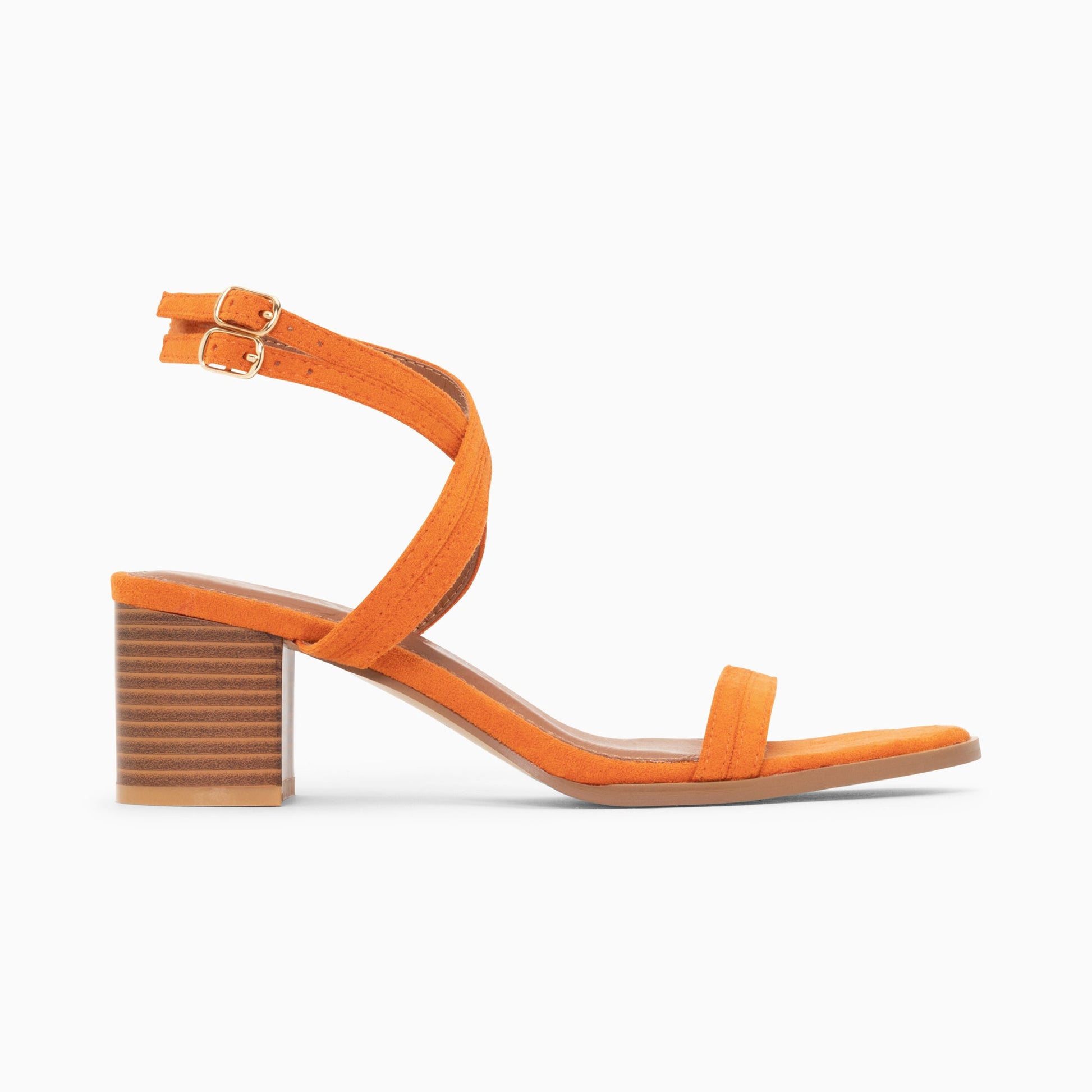 Sandales orange à talon bloc haut effet bois à doubles brides femme