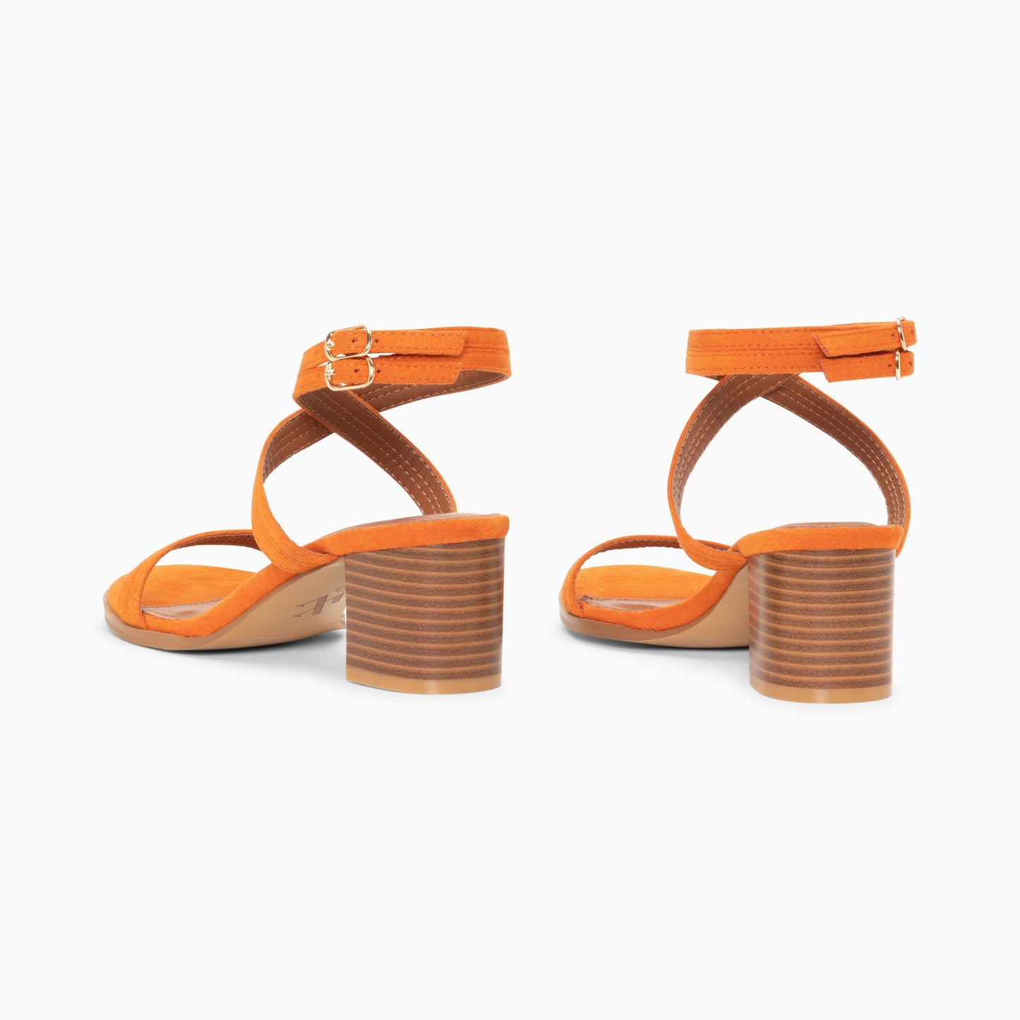 Sandales orange à talon bloc haut effet bois à doubles brides femme