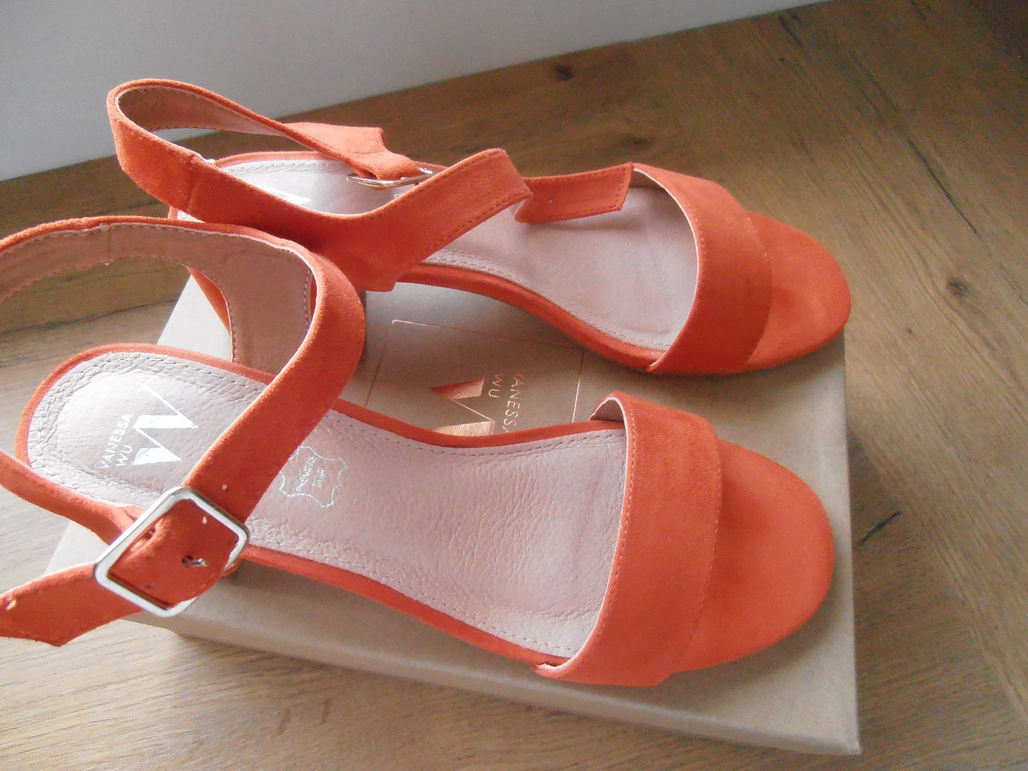 Orange Melissa sandals with small chunky heel