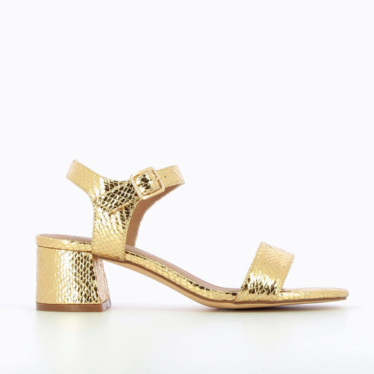 Gold Melissa sandals with small chunky heel