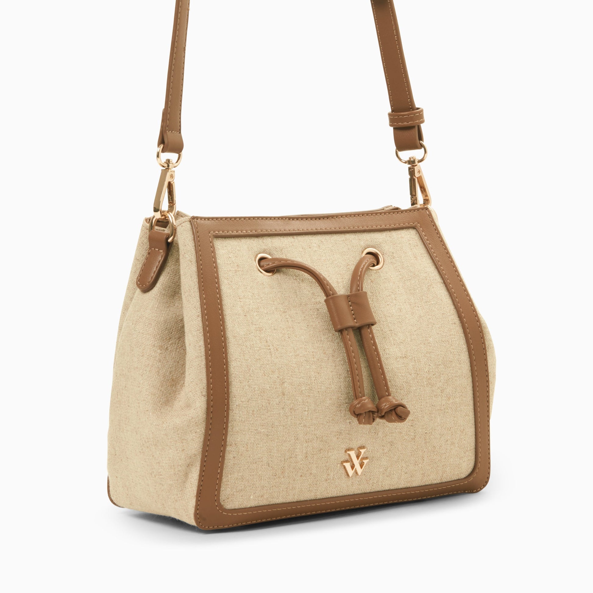 Sac bourse femme beige effet toile de jute à détails marron et cordon en similicuir